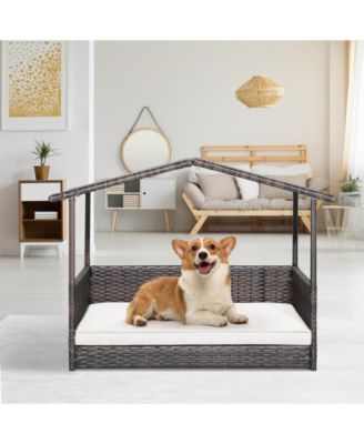 Outdoor Wicker Dog House with Weatherproof Roof-White