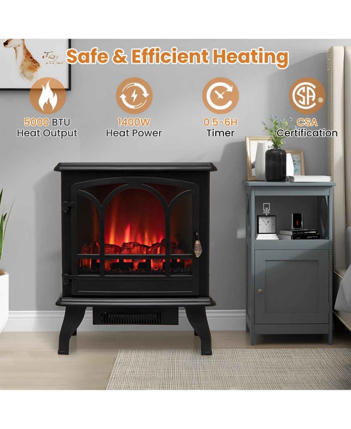 Sugift 1400W Electric Stove Heater with 3-Level Flame Effect and 3-Sided View-Black