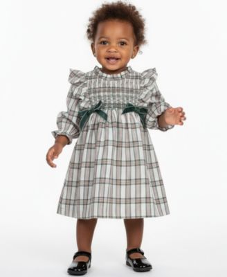 Bonnie Baby - Baby Girls 2-Piece Ruffle Neck Smocked Plaid Dress and Panty Set