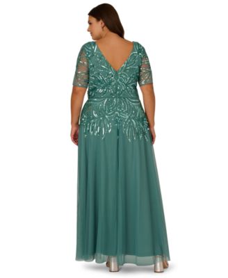 Plus Size Beaded Mesh V-Neck Long Dress