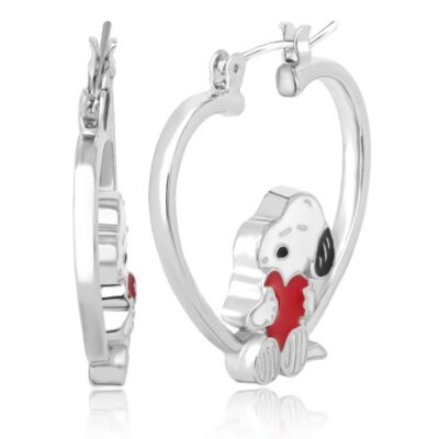 Snoopy Heart Hoop Earrings, Silver-Tone with Red Enamel