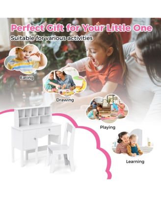 Kids Study Desk &amp; Chair Set Children Wooden Craft Table w/ Chair &amp; Hutch