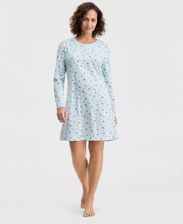 Women's Cotton Printed Long Sleeve Henley Sleepshirt - thumbnail 7