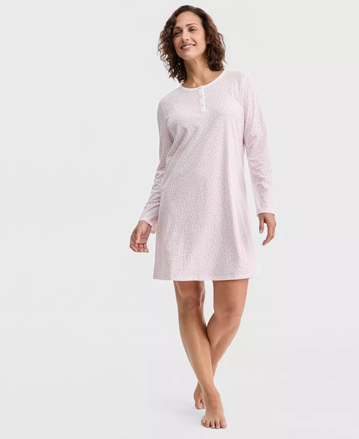 Women's Cotton Printed Long Sleeve Henley Sleepshirt