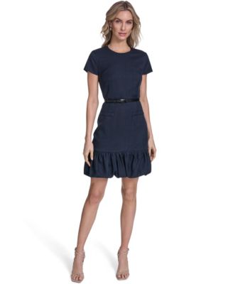 Calvin Klein - Petite Bubble Hem Belted Short-Sleeve Dress