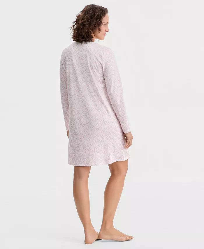 Women's Cotton Printed Long Sleeve Henley Sleepshirt - thumbnail 3