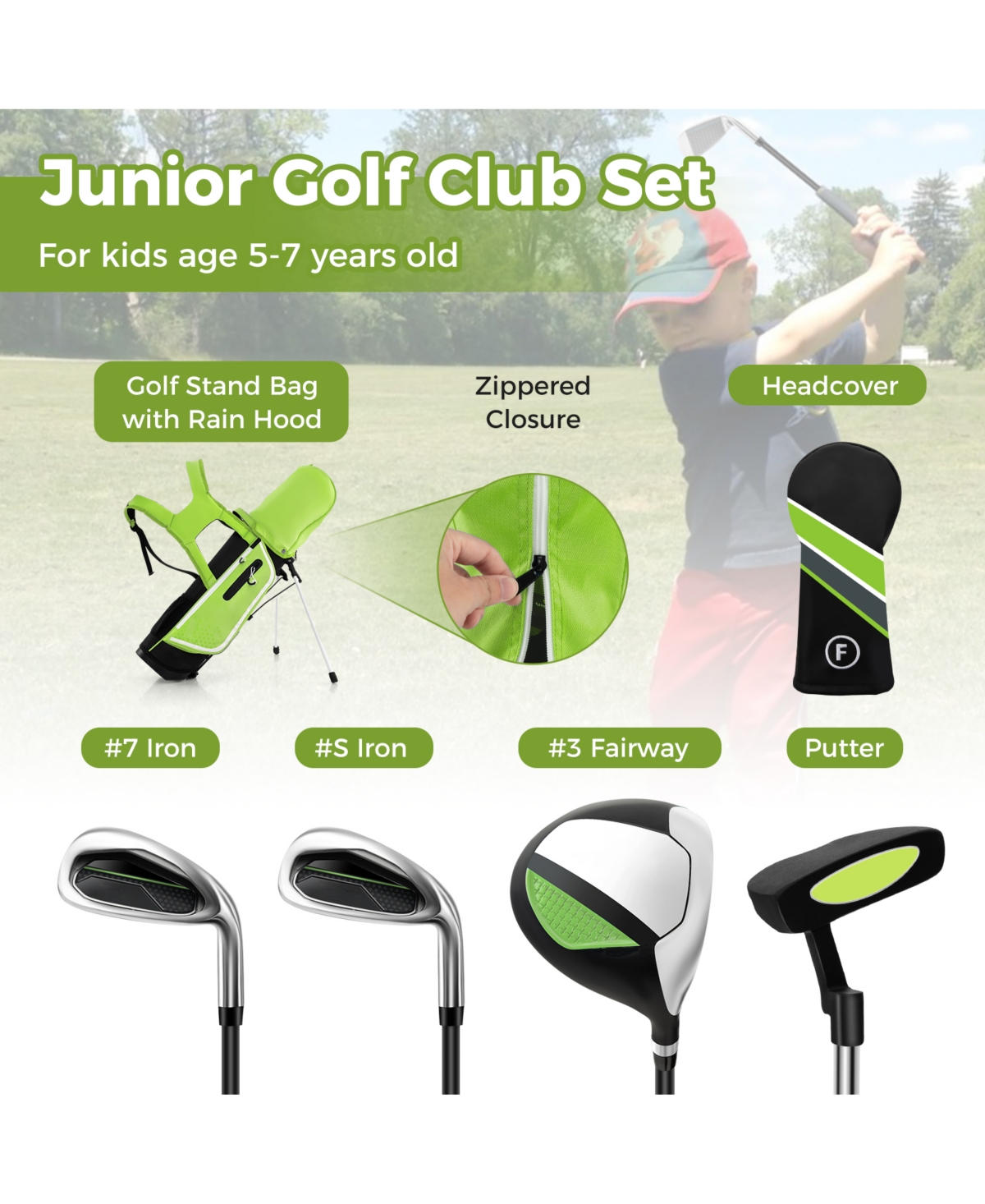 Skonyon Junior Complete Golf Club Set Right Hand with Rain Hood for Kids