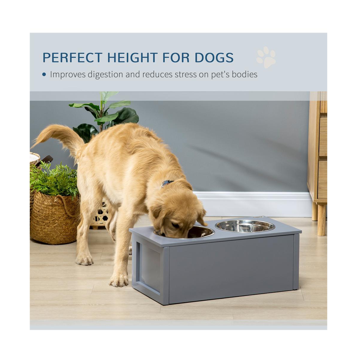 Aostirmotor 23.6 x 11.8 x 9.4 Gray Elevated Dog Bowls Raised Bowl Stand Storage 2 Stainless Steel Bowls