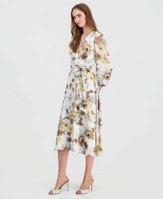 Petite Smocked Cuff-Sleeve V-Neck Midi Dress