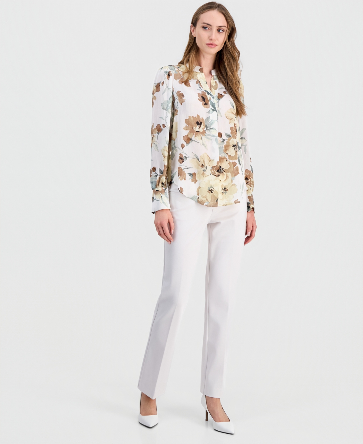 Anne Klein Women's Printed Pleated Long-Sleeve Blouse
