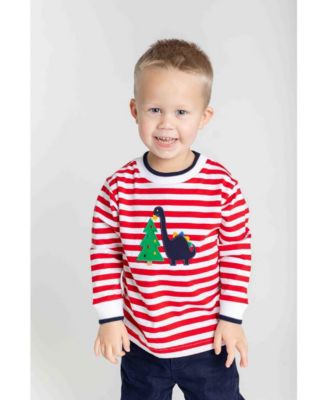 Toddler Boys Stripe Knit Shirt With Dino And Christmas Tree