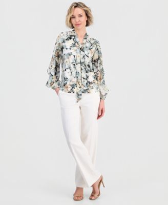 Women's Printed Tie-Neck Ruffle Blouse 