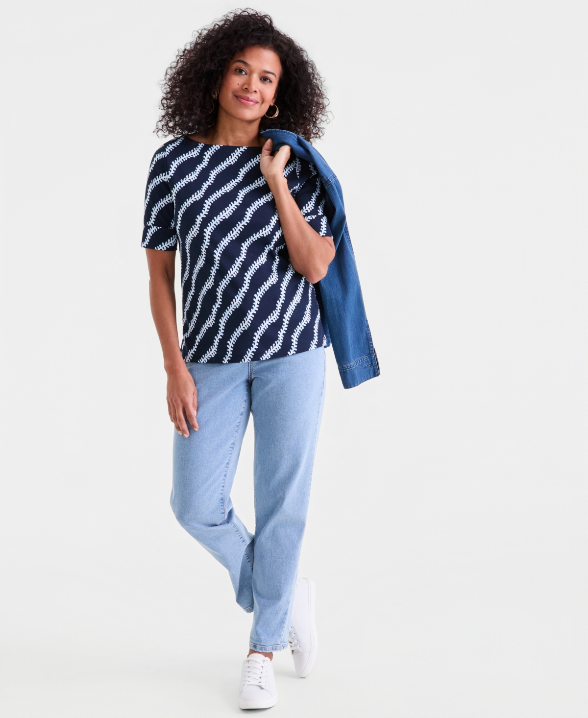 Style & Co Women's Printed Boat-Neck Elbow-Sleeve Top, Macy's Exclusive