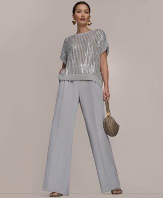 Women's Short-Sleeve Crewneck Sweater and Wide-Leg Pants