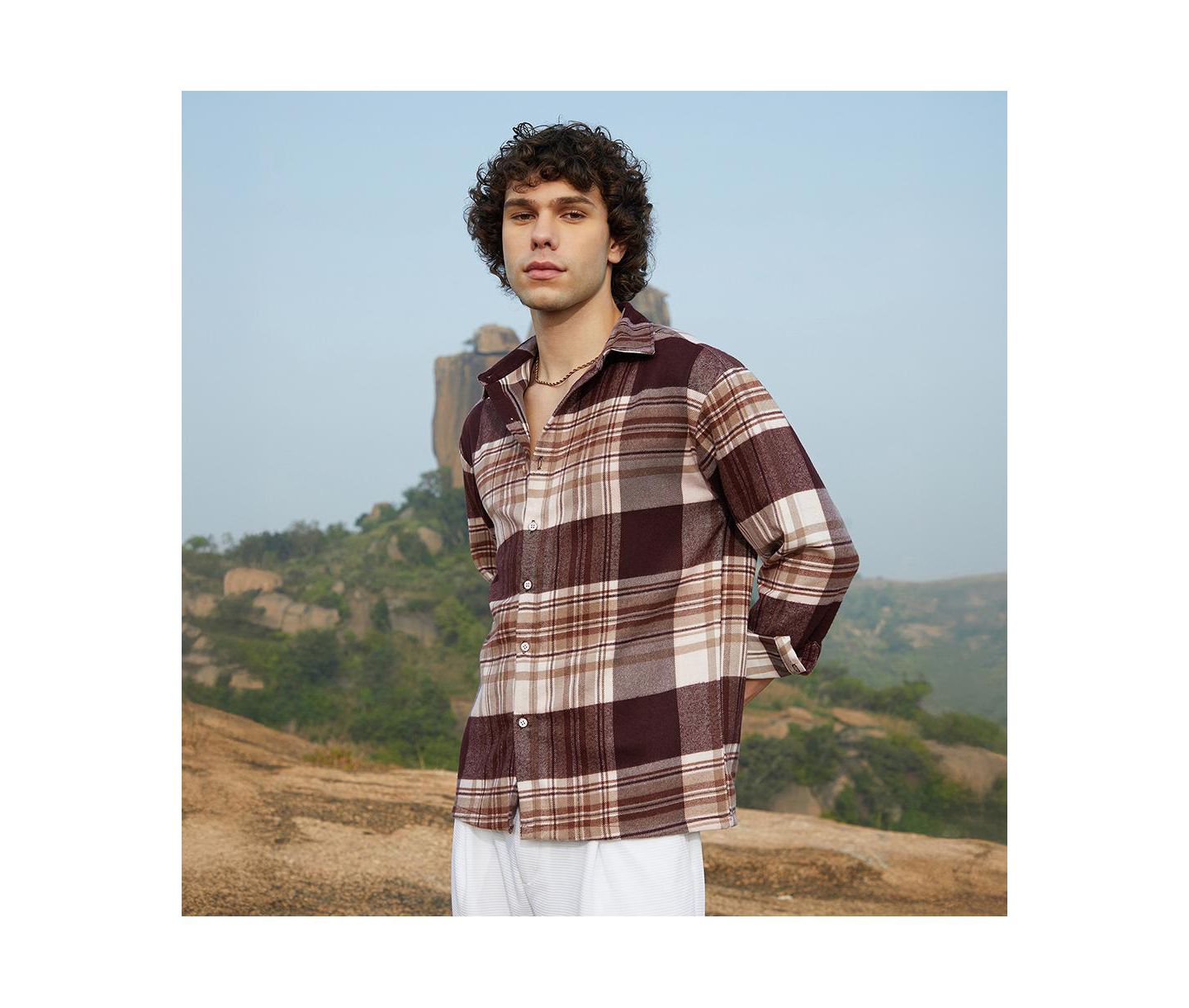 Мужская рубашка Cahoot Campus Sutra Mocha Brown Plaid Oversized, цвет: Коричневый — фото 5