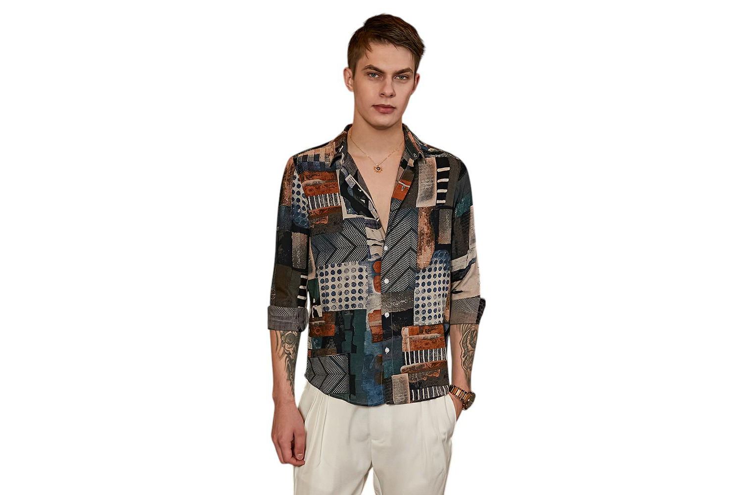 Men's Indigo Blue & Coffee Brown Earthy-Abstract Shirt