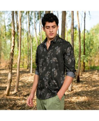 Men's Charcoal Grey Stamped-Foliage Shirt