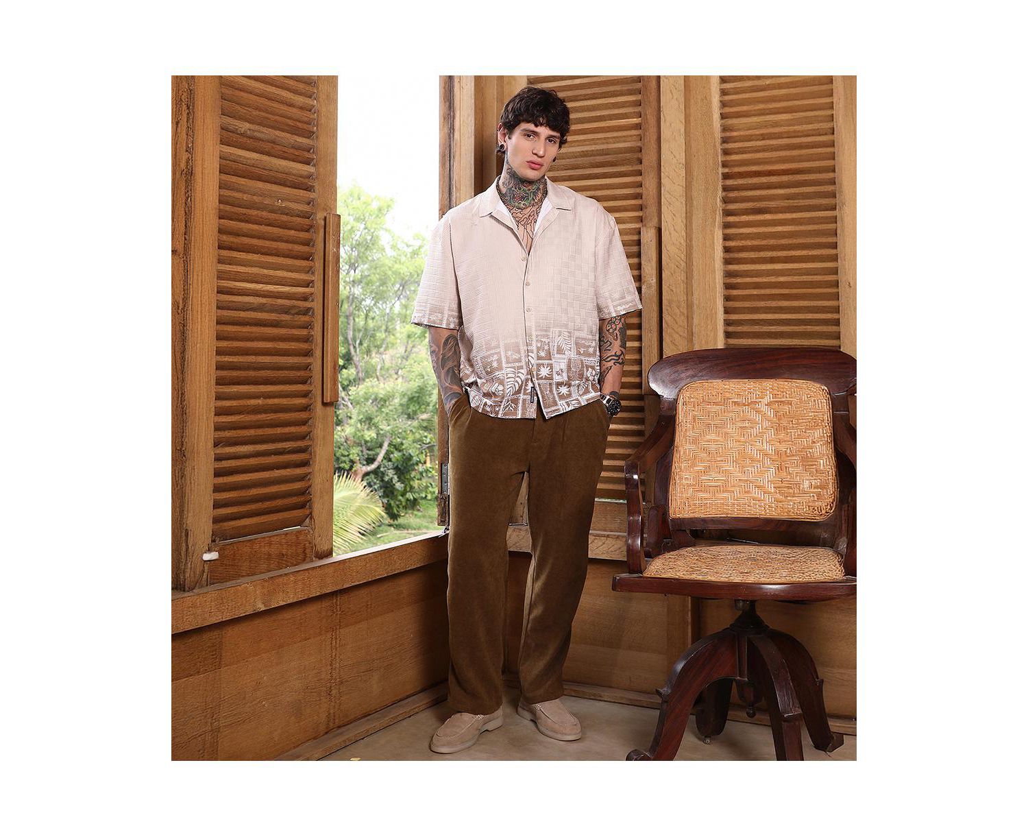 Men's Ecru Beige Tropics Ombre-Tactile Shirt