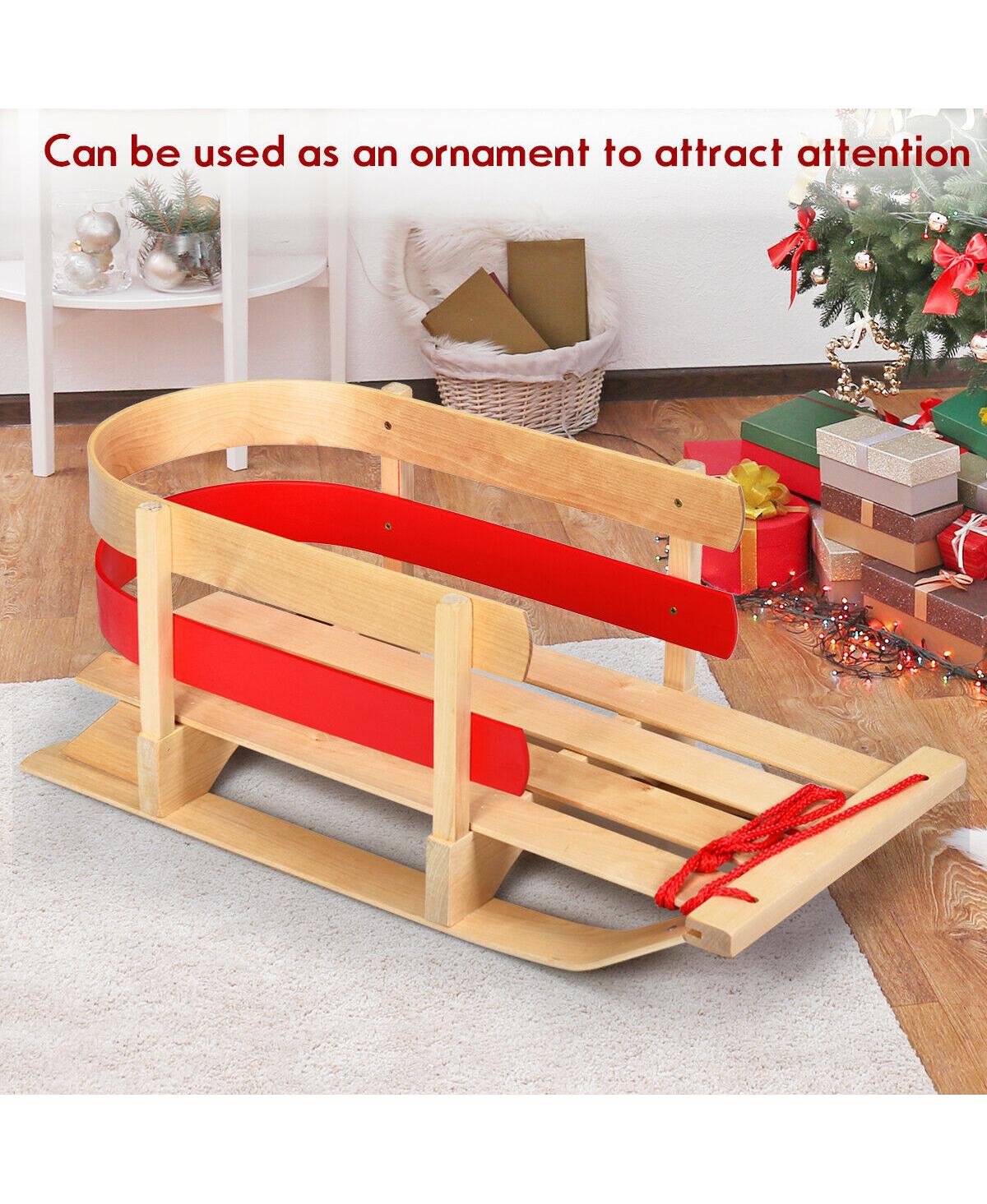 Hongge Wooden Snow Sled for Kids Classic Pull Sled with Backrest and Rope