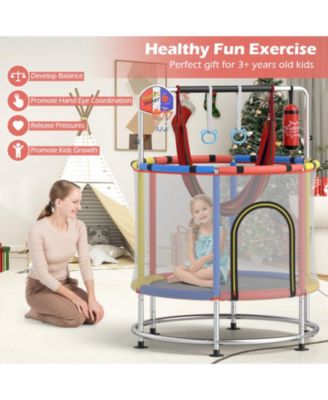 6 In 1 Kids Trampoline With Basketball Hoop Gymnastics Bar And Safety Net