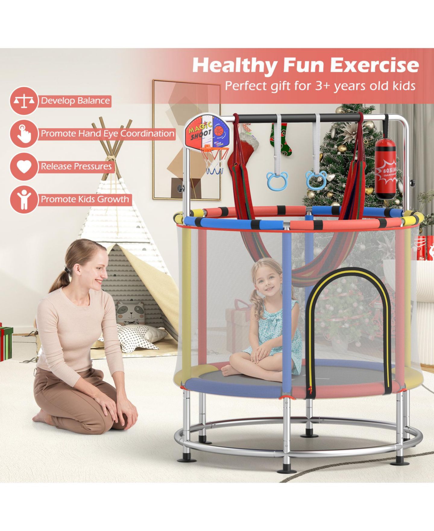 Детская игрушка HONGGE 6-in-1 Kids Trampoline with Basketball Hoop Gymnastics Bar, цвет: Красный — фото 2