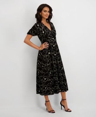 Women's Embroidered Woven V-Neck Midi Dress