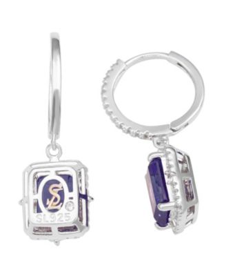 Suzy Levian Sterling Silver Emerald Cut Gemstone Halo Dangling Earrings