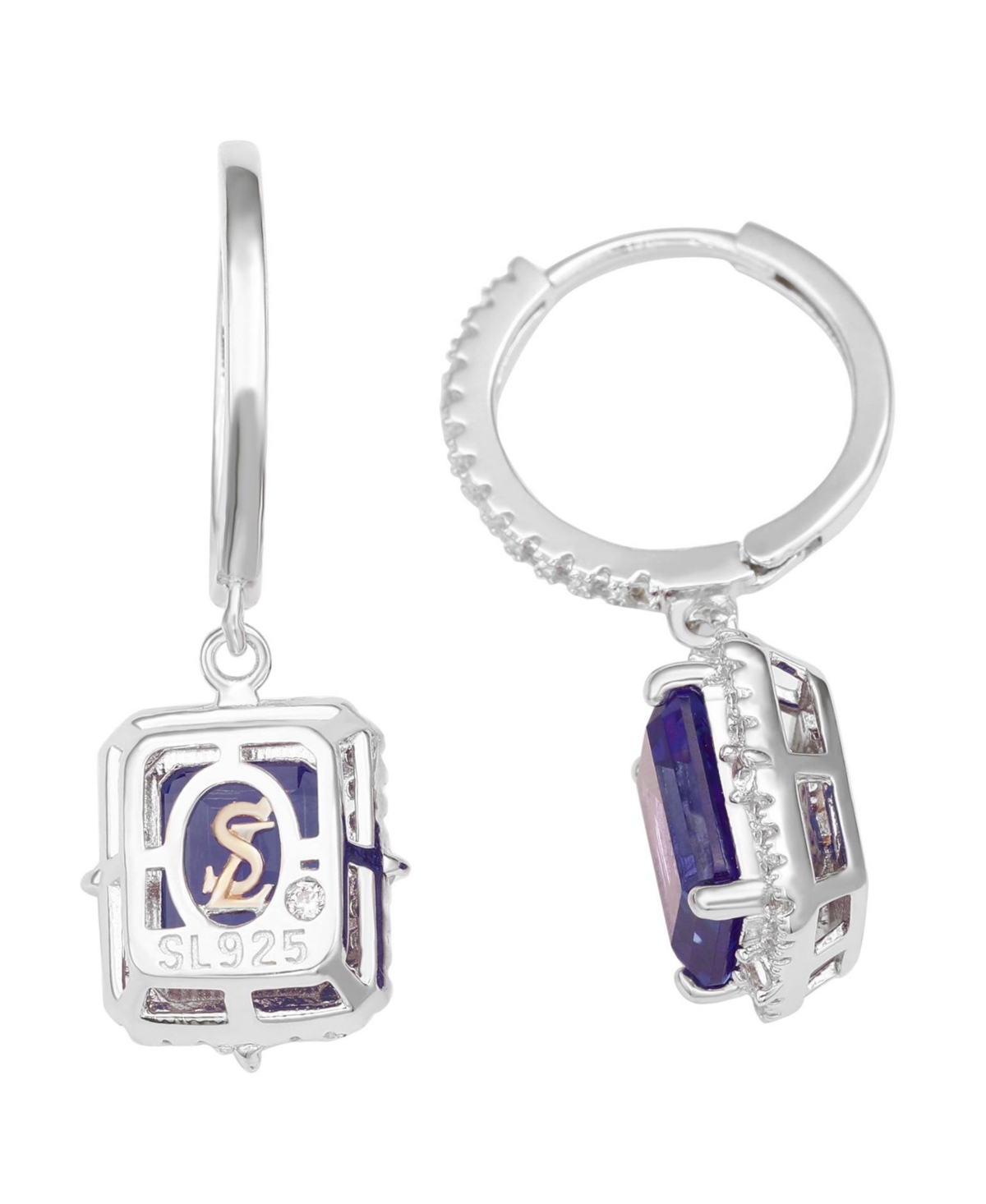 Suzy Levian Sterling Silver Emerald Cut Gemstone Halo Dangling Earrings