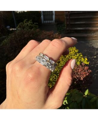 Suzy Levian Sterling Silver Cubic Zirconia White Baguette Three Row Eternity Band