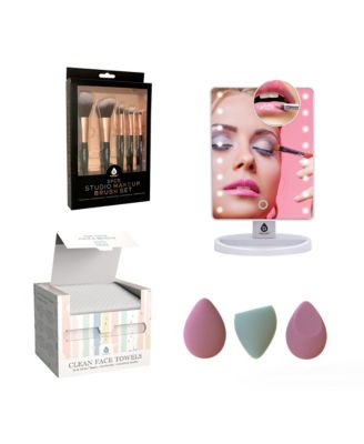 Complete Beauty Set: Makeup Brushes, Facial Towels, LED Mirror & Blender Sponges