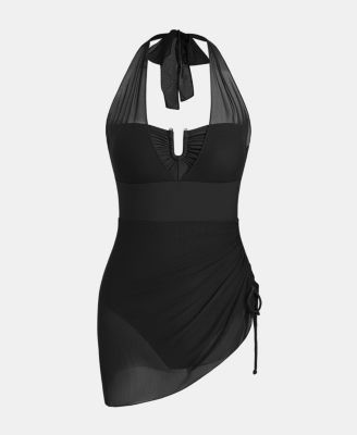 Women's U-Wire Neck Halter Drawstring Mesh One Piece Swim Dress