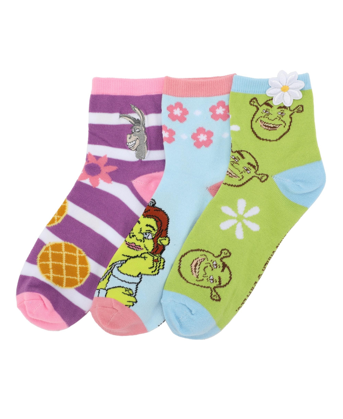 Shrek Characters & 3D Flowers Women's 3-Pair Casual Quarter Crew Ankle Socks