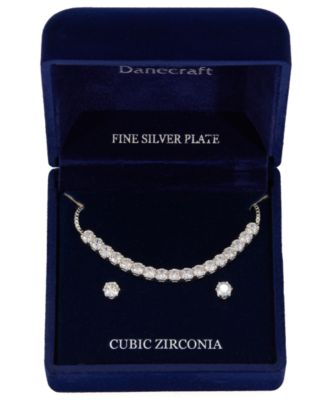 Silver-Tone Cubic Zirconia Tennis Necklace and Stud Earrings Set
