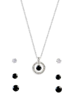 Silver-Tone Cubic Zirconia Round Pendant Necklace and 3 of Pair Stud Earrings Set