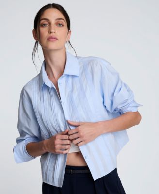 Women's Cropped Tuxedo Style Blue Button Down