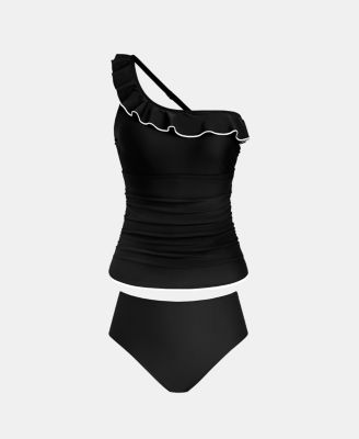 Women's One Shoulder Neck Asymmetrical Ruffles Tankini Sets