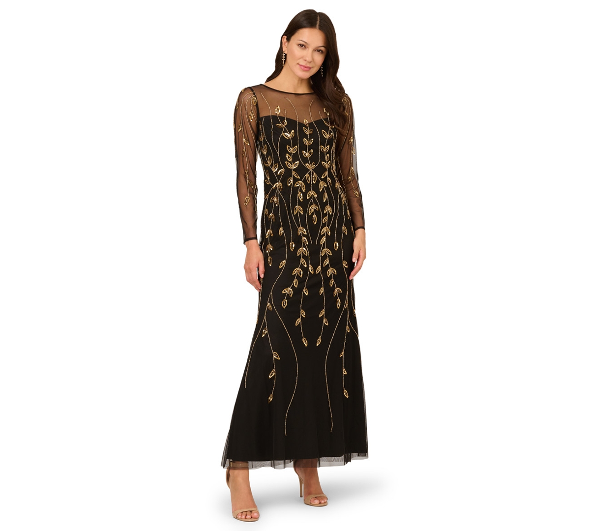 Adrianna Papell Petite Long-sleeve Beaded Dress In Black