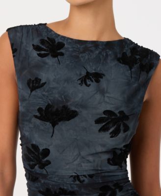 Women's Velvet Floral Mesh Boat Neck Midi Dress