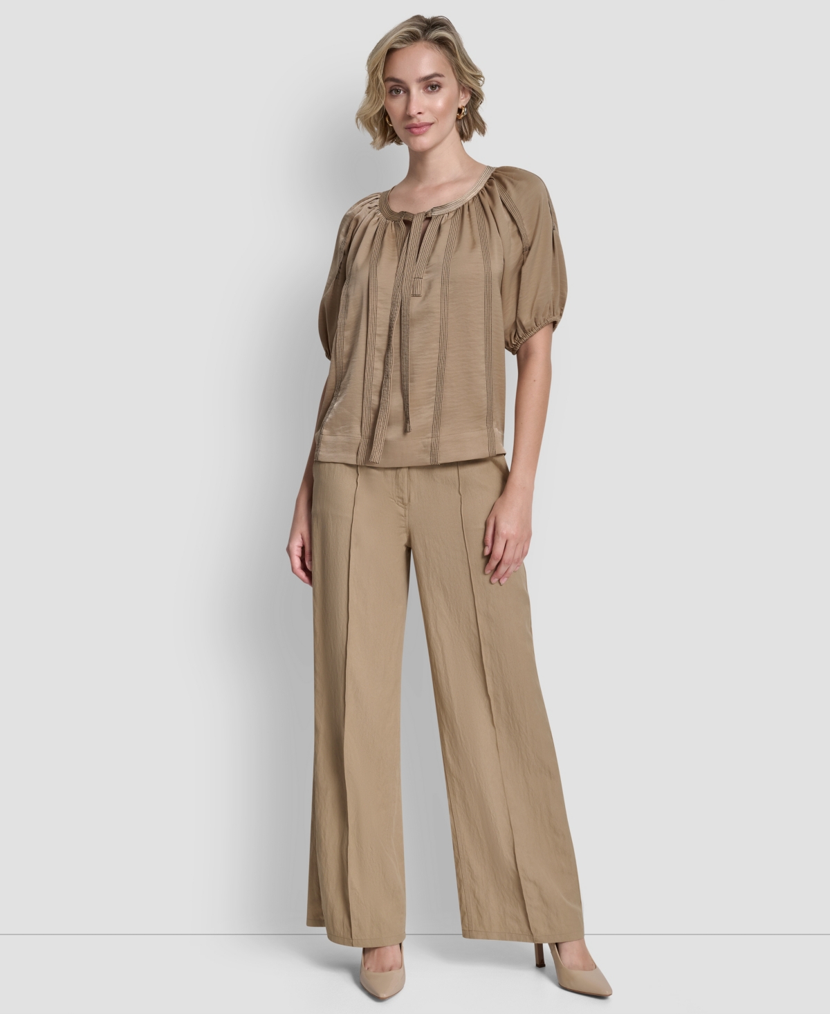 Dkny Women's Puff-sleeve Top Stitch Tie Front Blouse In Brown