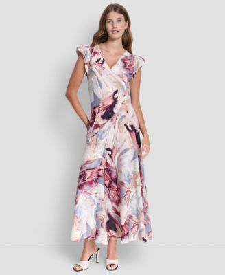 Women's Puff-Sleeve Printed Satin Bias Cut Dress