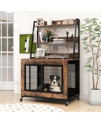 Dog Crate Furniture w/ Storage Shelves Industrial Dog Kennel w/ Flip-up Top