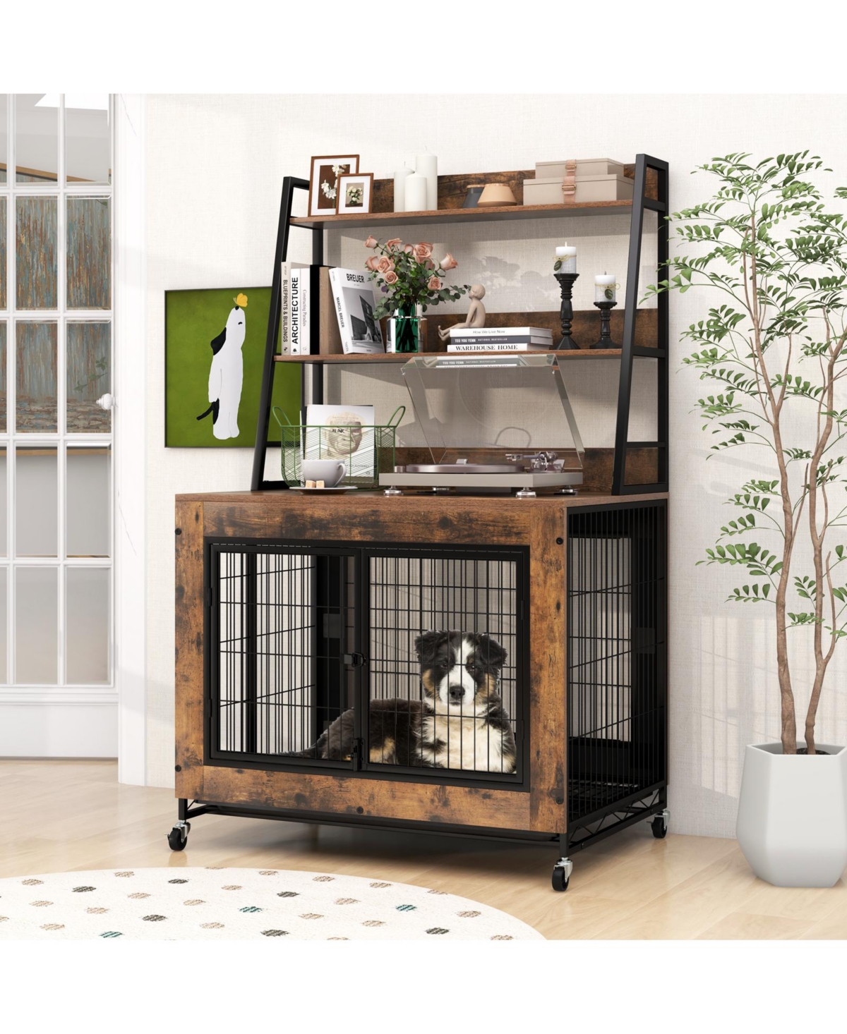 Gymax Dog Crate Furniture w/ Storage Shelves Industrial Dog Kennel w/ Flip-up Top