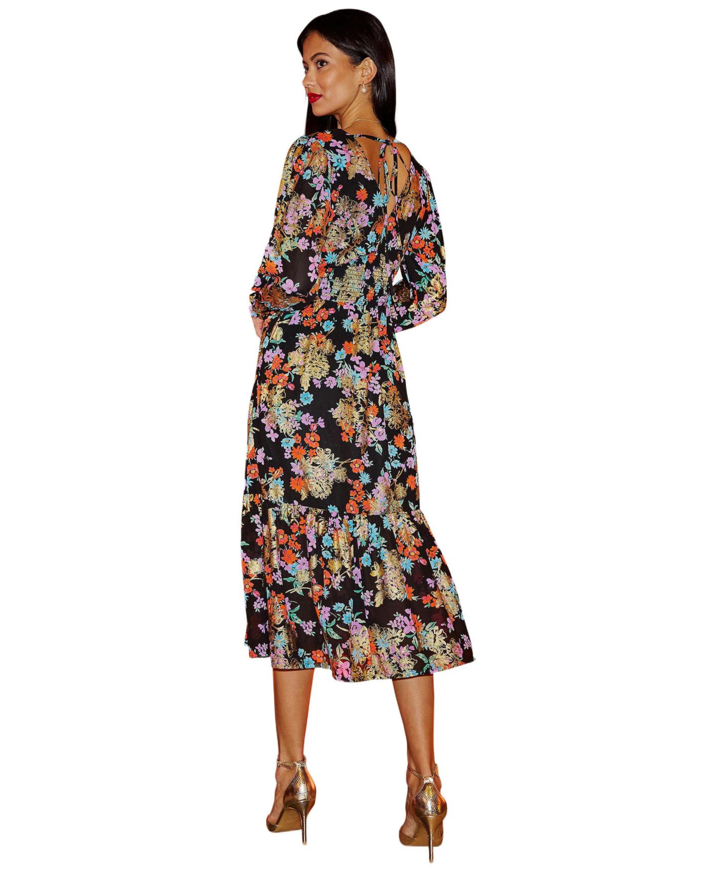 Женское платье Yumi Floral And Foil Ruched Midi, цвет: Чёрный — фото 2