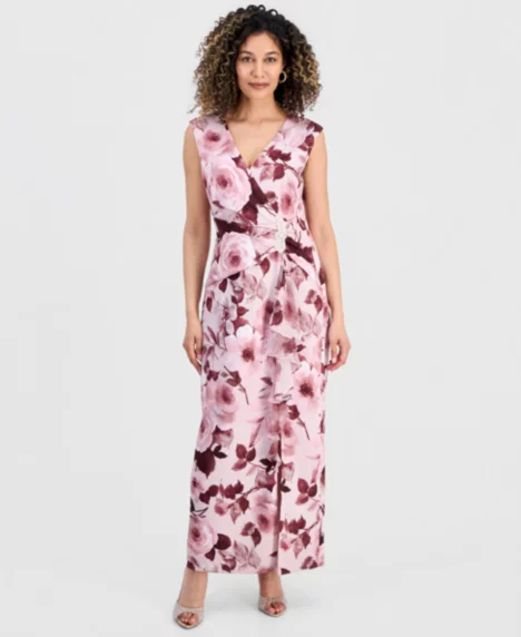 Petite Floral Print Sleeveless Gown - Mauve Rose