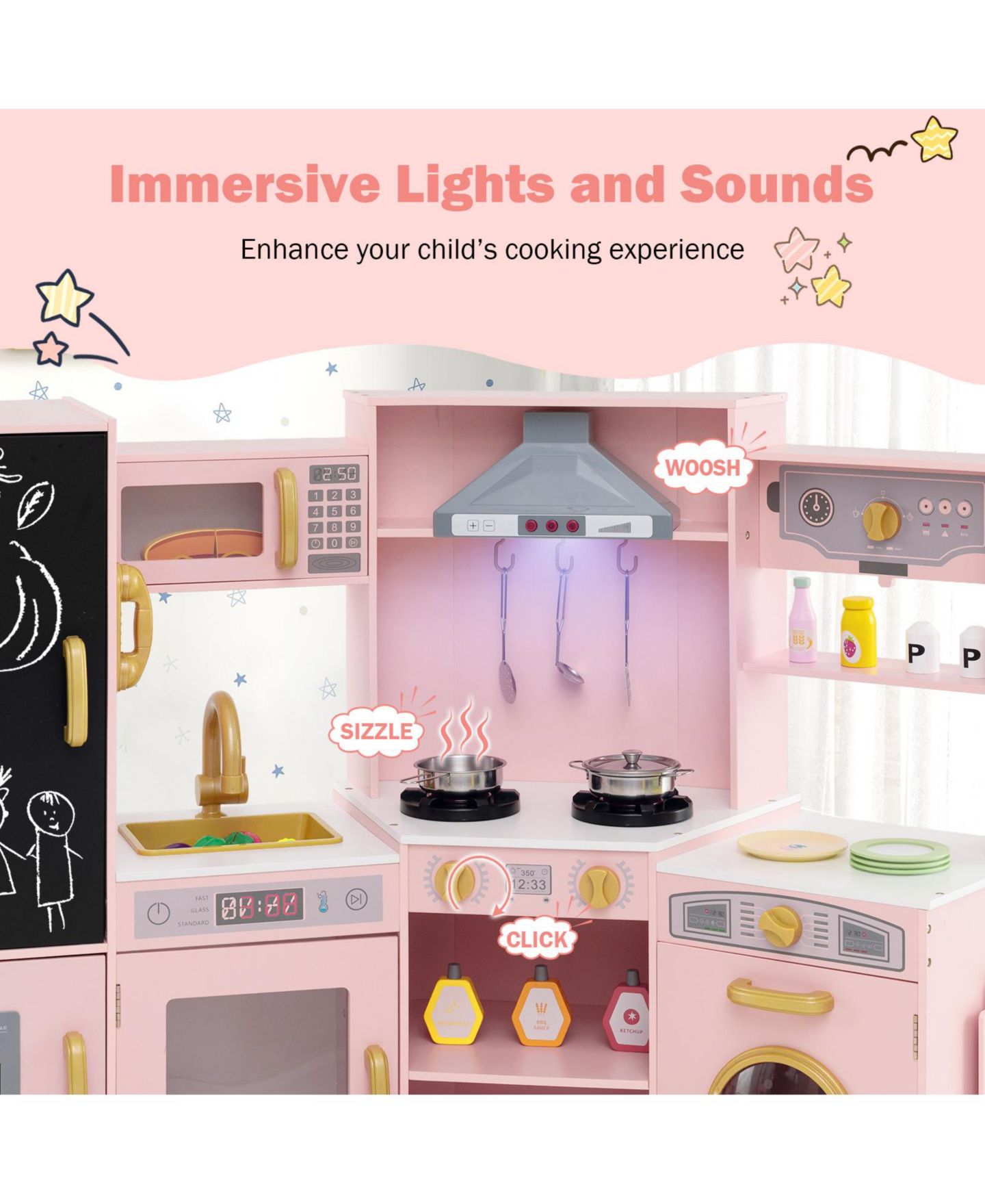 Детская игрушка Gymax Corner Kids Play Kitchen Wooden Pretend Toy Kitchen with Realistic Lights, цвет: Розовый — фото 10