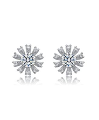 Sterling Silver White Gold Plated Round and Baguette Cubic Zirconia Flower Stud Earrings