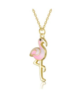 14K Gold Plated with Pink & White Enamel Flamingo Pendant Necklace