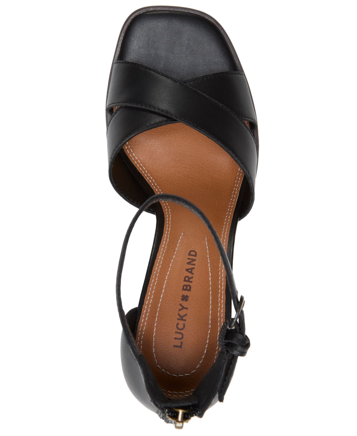 Женские сандалии Lucky Brand Herrika Stacked Heel Crisscross Dress Sandals, цвет: Чёрный гладкий кожаный — фото 4