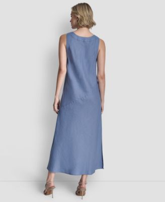 Women's Linen Panelled V-Neck Midi Dress
