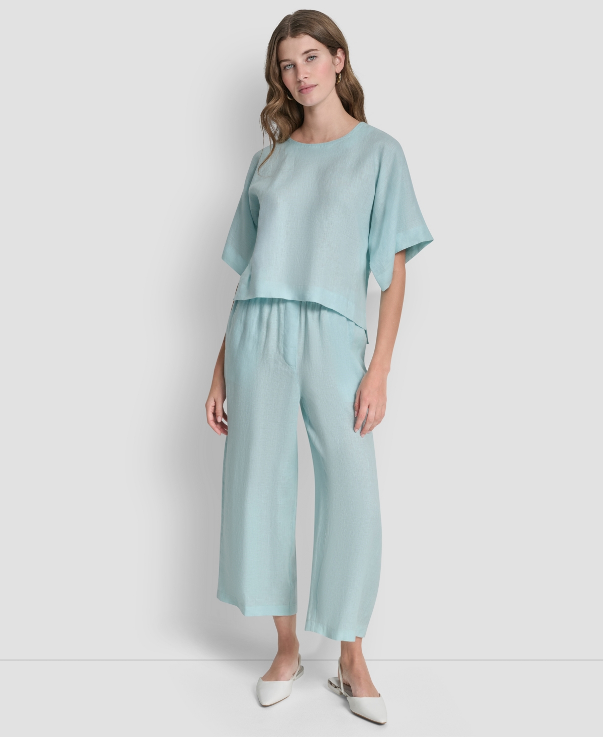 Dkny Linen Drop Shoulder Short Sleeve Top In Blue